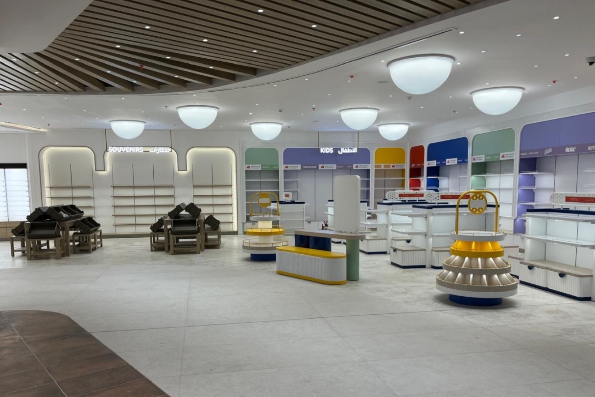 Bright destination retail interior with curved display fixtures