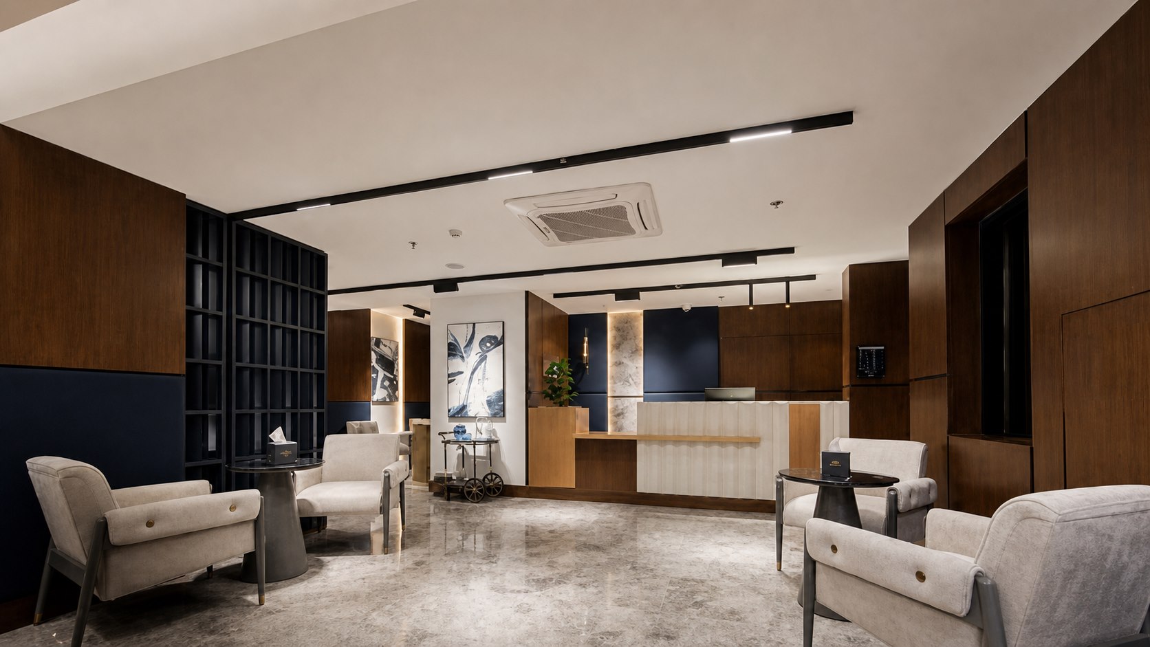 Restored archival view of a warm timber and limestone reception interior